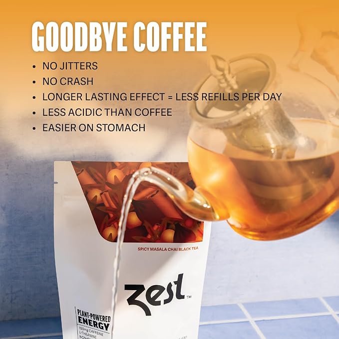 Zest 150mg High Caffeine Energy Leaf Blend - Spicy Masala Chai Black Tea - 20 Pack Bag - All Natural Strong Flavored Healthy Coffee Alternative Highly Caffeinated Substitute - Perfect for Keto Diet