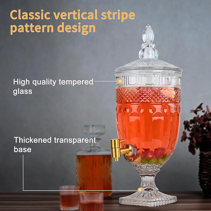 1.3 Gallon Glass Drink Dispenser, Glass Beverage Dispenser with Spigot for Party Bar Wedding, Crystal Collection Jug, Wide Mouth with Lid, Iced Beverage Dispensers (1.3gal Glass relief)