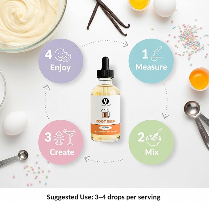 Dolce Flav Root Beer Extract – 2 Ounce Oil-Soluble Kosher, Sugar-Free, Concentrated Classic Root Beer Flavoring for Baking, Chocolates & Desserts, Includes Measured Dropper