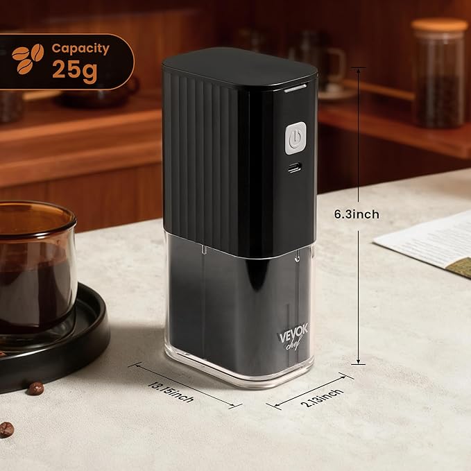 VEVOK CHEF Portable Mini Electric Coffee Grinder,Adjustable Stainless Steel Burr Coffee Bean Mill,One-Button Grinder with USB Rechargeable,Auto‑Stop for Espresso to French Press,for Outdoor Use(Black)