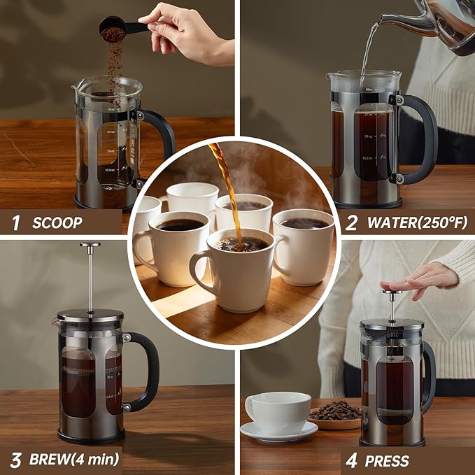 BAYKA French Press Coffee Maker, Large 304 Stainless Steel Coffee Press, Cold Brew Heat Resistant Thickened Borosilicate Coffee Pot for Camping Travel Gifts, 34 Ounce, Dark Pewter