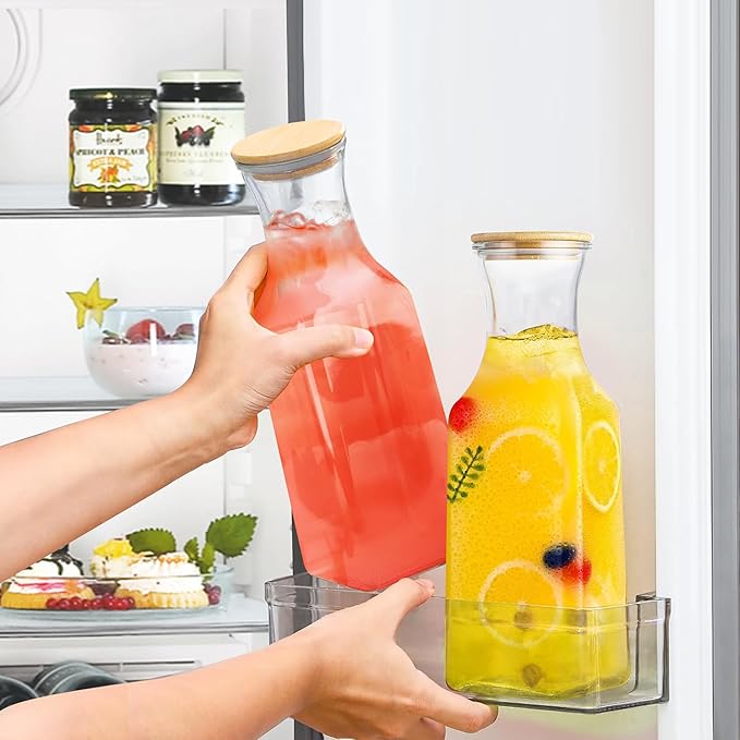35 Oz Square Glass Carafe with Bamboo Lid, Beverage Dispensers, Mimosa Bar Supplies, Clear Glass Pitcher with Name Labels for Iced Tea, Coffee,Juice(Pack of 4)