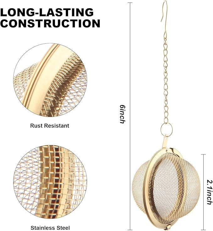 Tea Ball Infuser with Chain;; Premium Stainless Steel Fine Mesh Screen Tea Strainer Filters Colander Cullender Sieve Infusion Steeper Maker for Loose Leaf Tea Herbs, 2 Pieces, Golden