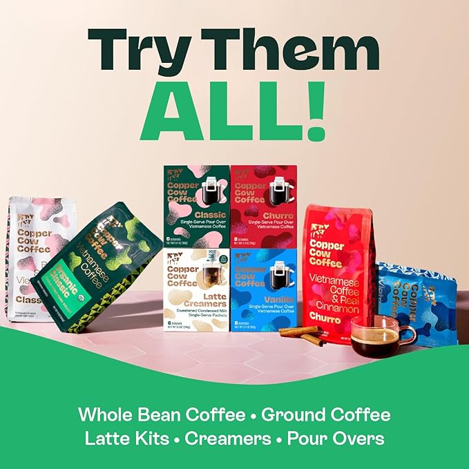 Copper Cow Coffee Pour Over Vietnamese Coffee Pouches + Sweetened Condensed Milk Creamers (8 Coffees & 8 Milk Creamers) | Classic Black Lattes, No Refrigeration Needed, Travel Friendly Ground Coffee