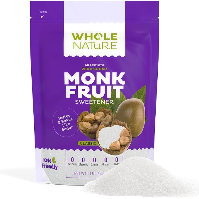 Whole Nature Monk Fruit Sweetener 1:1 Baking Sugar Substitute Made in the USA – Granulated Blend With Erythritol – Zero Calorie – Keto – Paleo – Non-GMO – Kosher - Natural Alternative – 1lb Pouch