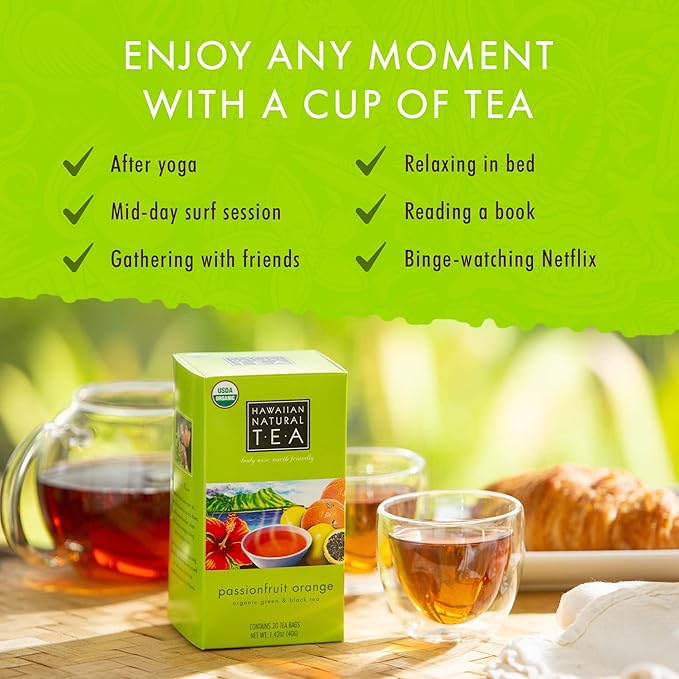 Hawaiian Natural Tea Passion Fruit Orange Flavored Organic Tea - Tropical Fruit Green Tea Blend with Black Tea - Perfect Daily Cup & Gift for Tea Lovers - 60 Tea Bags