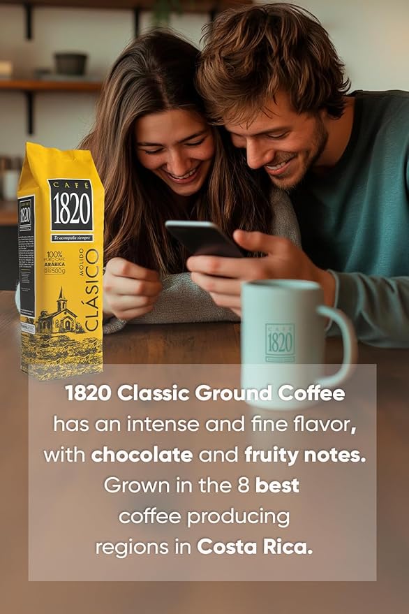 Café 1820 Classic, Premium Costa Rican Ground Coffee, 100% Arabica, Dark Roast, High Altitude Blend with Aroma & Fruity Notes, 18 oz
