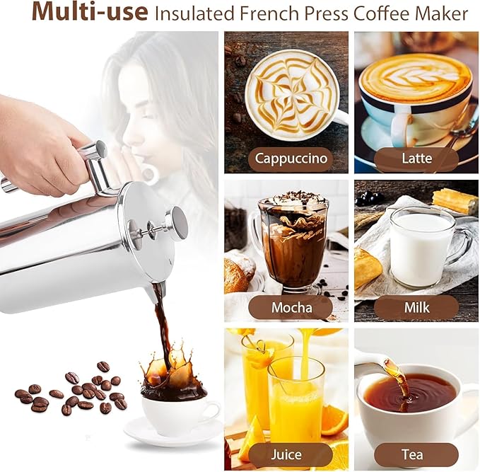 Miuly French Press 34oz, Double Insulated 304 Stainless Steel Coffee Press,Stainless Steel Coffee Maker (34oz, Sliver)