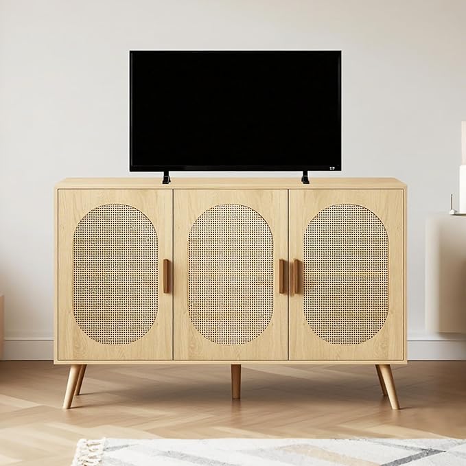 Storage Cabinet with Rattan Doors, Modern Farmhouse Coffee Bar Cabinet, Sideboard Buffet for Living Room, Entryway, Dining Room and Kitchen, Natural (Style Two)