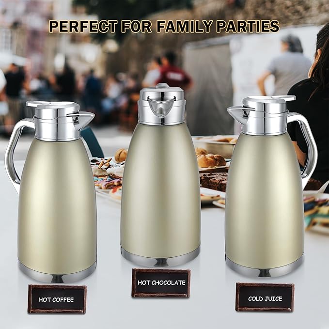 Tioncy 2 Pcs Thermal Coffee 78oz Insulated Carafe Hot Water Dispenser Stainless Steel Carafe for Hot Liquid Coffee Tea Milk with 2 Brushes Keep 12 Hours Hot 24 Hours Cold(Gold)