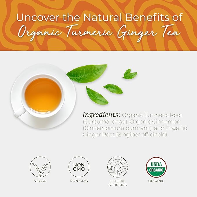 Starwest Botanicals Organic Turmeric Ginger Tea - Caffeine Free Herbal Tea with Turmeric, Cinnamon, & Ginger, Tea with Antioxidant Properties, String Free Sachets, Non GMO - Bulk Pack, 100 Tea Bags