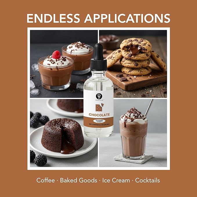 Dolce Flav Natural Chocolate Extract – 2 Ounce Water-Soluble Kosher, Sugar-Free, Concentrated Chocolate Flavor for Baking, Coffee, Ice Cream, Smoothies & Desserts, Includes Measured Dropper