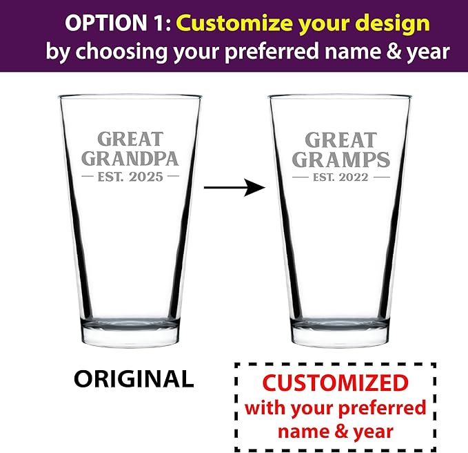 Custom Great Grandpa Est 20XX - New Great Grandfather Custom Pint Glass Gift for First Time Great Grandparents - Bold 16 Oz Glasses