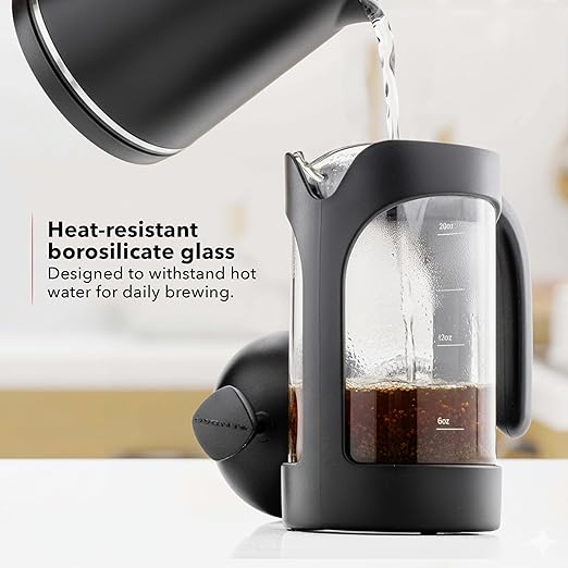 OVENTE French Press Coffee Maker 20 Ounce with Heat Resistant Borosilicate Glass & Stainless Steel 4-Level Filtration System, Portable Cold Brew Coffee Maker for Travel, Camping or Gift, Black FPB20B