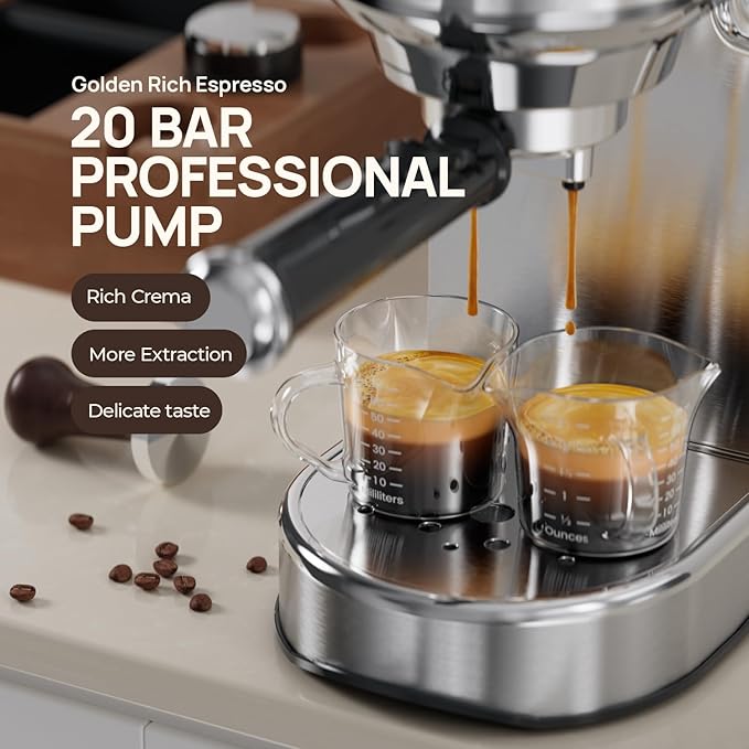 Espresso Machine 20 Bar, Compact Espresso Maker, Stainless Steel Expresso Coffee Machines with Steam Milk Frother & 34oz Removable Water Tank for Home, Cappuccino Machine, Great Gift