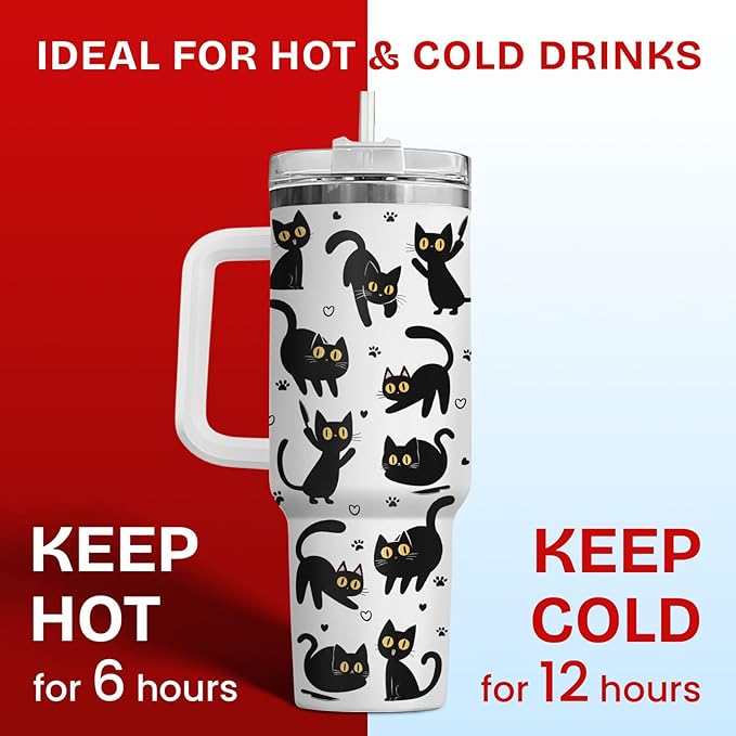 34HD Black Cat Coffee Tumbler with Handle and Straw, 40oz Stainless Steel Insulated Kitty Mug with Lid, Cute Pet Gifts for Women Men on Birthday Mothers Day Halloween Christmas