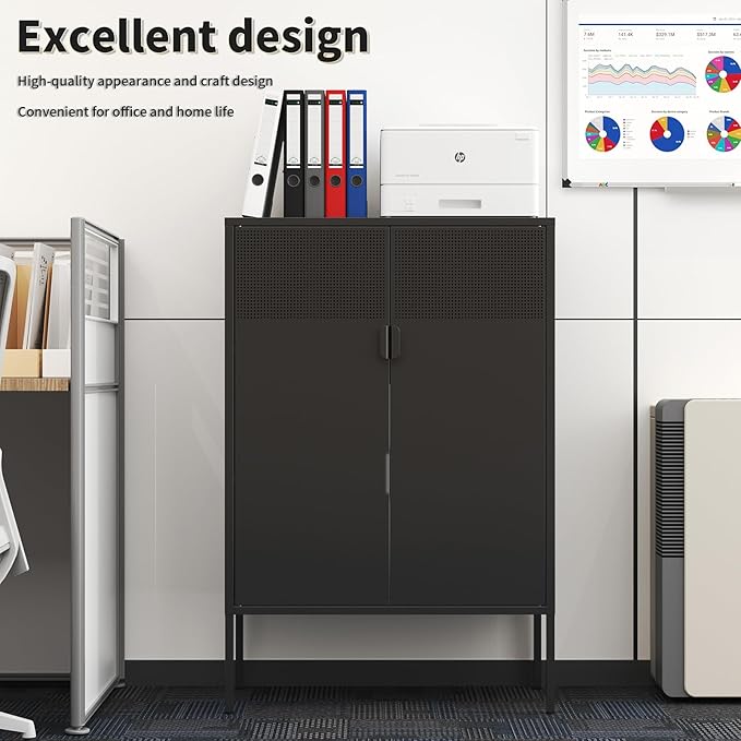 Black Metal Storage Cabinet with 2 Doors - 47''H Locker Cabinet, 3 Tier Locker with Adjustable Shelves,Office Storage Locker for Office, Home, Living Room, Kitchen