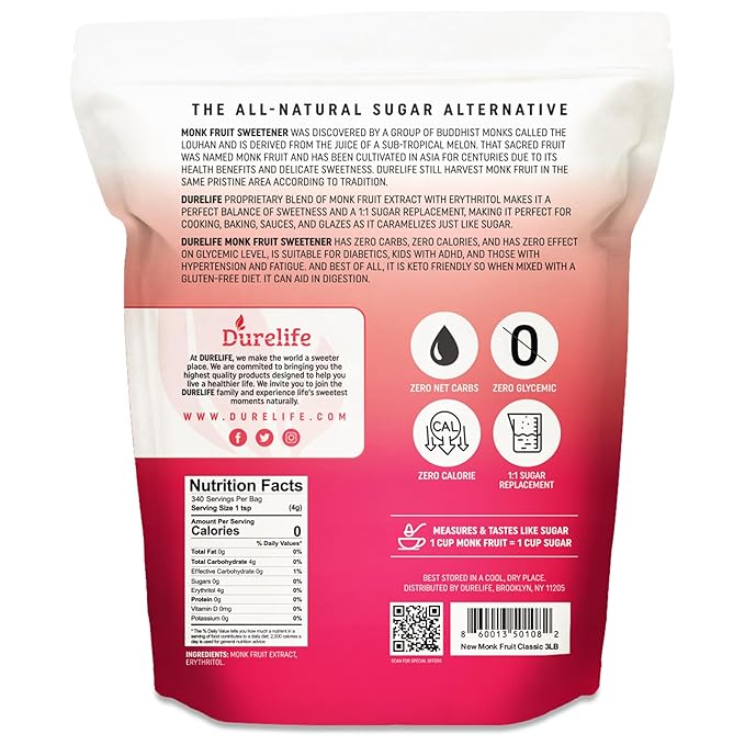 Durelife Monk Fruit Sweetener, Classic - White Sugar Substitute, Keto Diet Friendly, 1:1 Sugar Replacement, Zero Calorie, White Sugar Substitute, Classic White - 3 lb (Packaging May Vary)