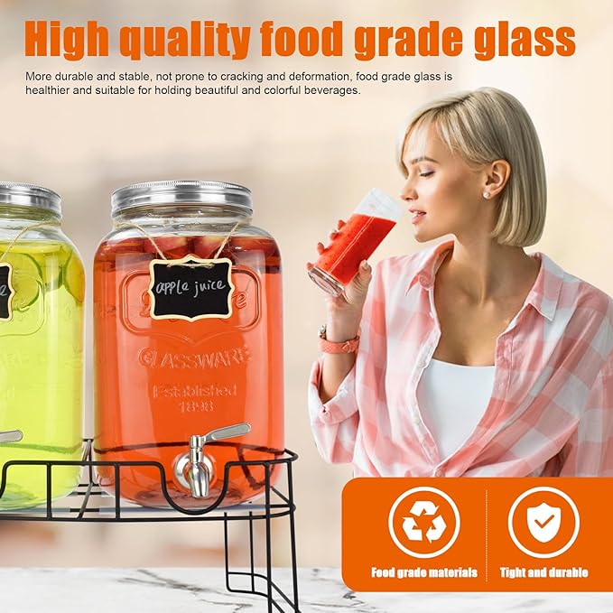 2 Gallon Glass Drink Dispensers For Parties (2 PACK) With Stand And Leakproof Stainless Steel Spigot - Glass Water Jug, Lemonade Dispenser