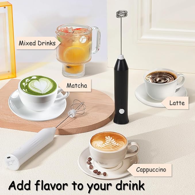 Milk Frother Handheld Rechargeable USB C, 3-in-1 Coffee Frother Wand Drink Mixer Electric Whisk Stirrer with 3 Detachable Stainless Steel Heads, 3 Speed Powder Mixer Foam Maker for Xmas Gift, Black