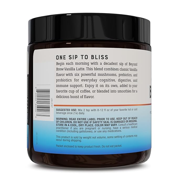 Beyond Brew Vanilla Latte Coffee Alternative - Mushroom Complex w/Lion’s Mane, Reishi, Cordyceps & Chaga for Sustained Focus, Energy & Immunity Support. Prebiotics & Probiotics Support Gut Health, 30