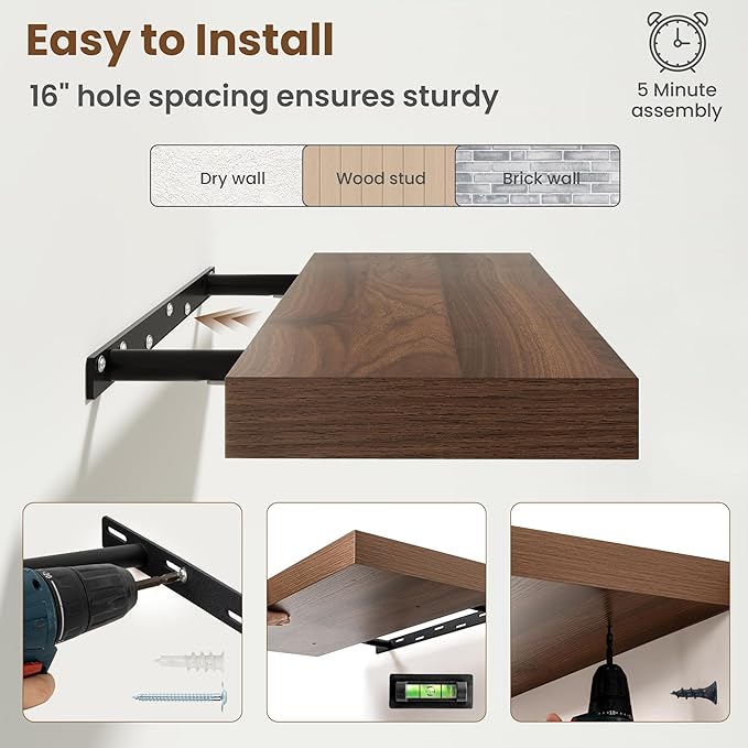 20 Inch Floating Shelves for Wall, 8 Inch Deep Floating Shelf for Storage & Display, Rustic Wall Mounted Shelf with Invisible Brackets for Living Room, Kitchen, Bathroom, Home Decor, Set of 2, Walnut