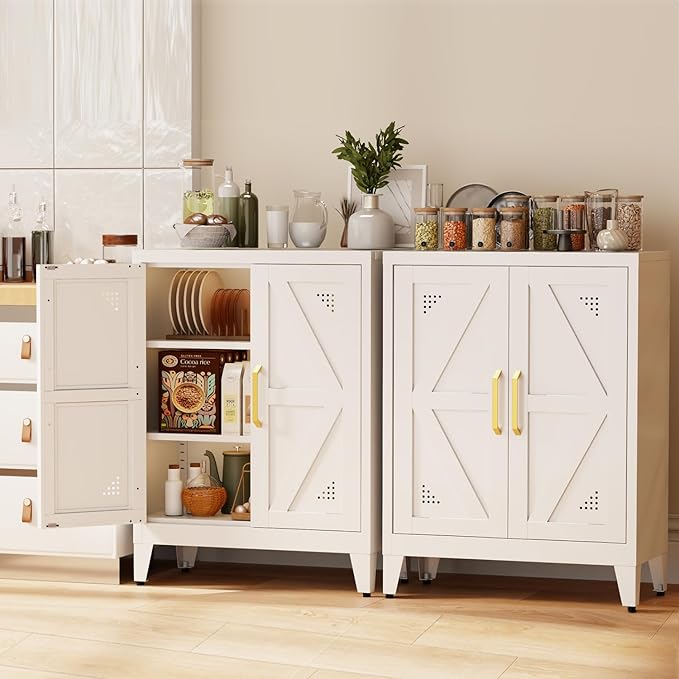 32" Metal Kitchen Pantry Cabinet,Floor Bathroom Storage Cabinet with 2 Adjustable Shelves,Freestanding Sideboard for Small Spaces, Living Room, Hallway, Dining Room,White