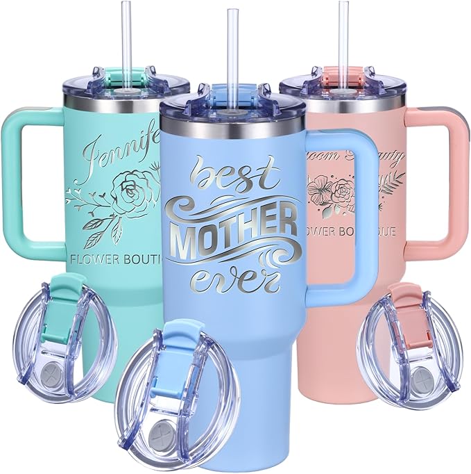 iProductsUS Personalized 40oz Tumbler with Handle & Straw Christmas Gift for Mom & Wife! Custom Engraved Name/Birth Flower, Spill-Proof Lid, Insulated Stainless Steel Travel Coffee Mug! (Sky Blue)