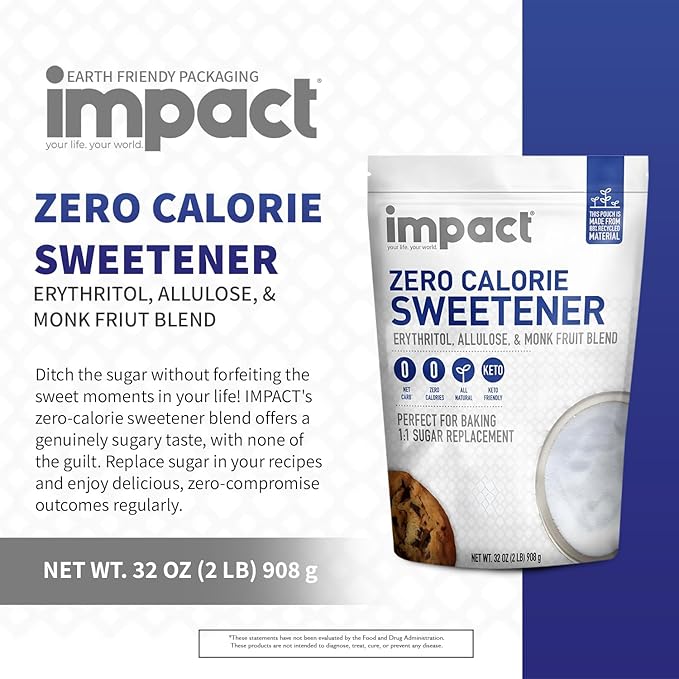 Impact Allulose, White Monk Fruit & Erythritol Sweetener Blend - Gluten Free, Zero Calories, Keto, Vegan, Non-GMO - 1 is to 1 Sugar Substitute - 2lbs
