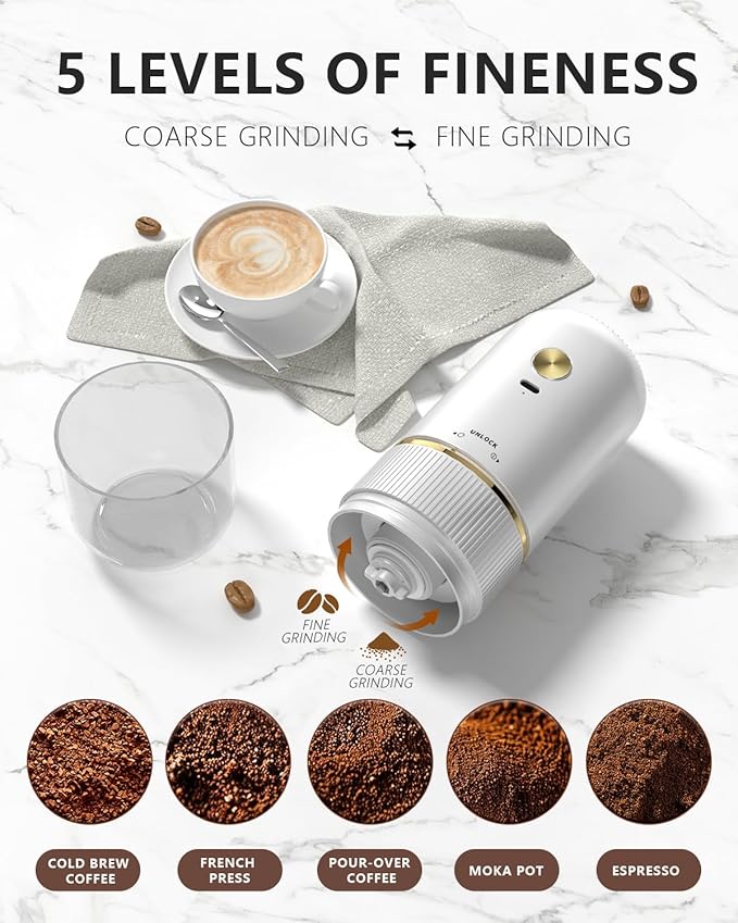 Portable Electric Coffee Grinder ，Automatic Coffee Grinder with USB Type-C wireless charging design，Adjustable Coarse to Fine for coffee beans, grains, cleaning brush + cable Includes (white)