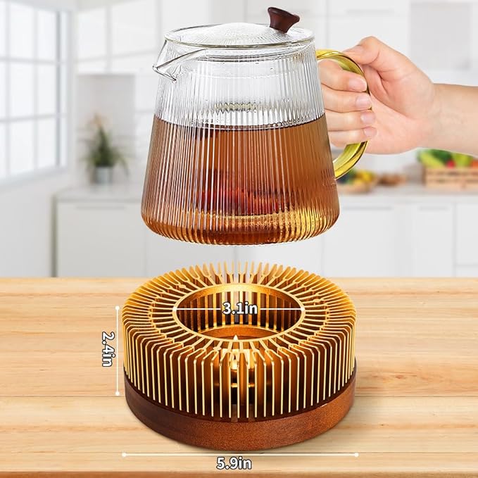 Teapot Warmer, Aluminum Tea Warmer with Wooden Base, Candle Heater for Heating Tea, Coffee, Milk, Food,Camping and Traveling, Universal Teapot Heater (Large-with Wooden Base)