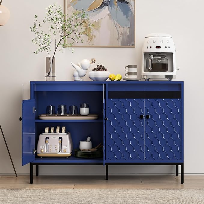 Sideboard Buffet Cabinet 47'' with Storage and Power Outlet, Modern Coffee Bar Accent Cabinet with 4 Doors and Adjustable Shelves, Console Table for Dining Room, Living Room, Kitchen, Navy Blue