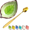 Coffee Spoon and Rest for Coffee Bar Accessories, Ice Cracks Leaf Small Spoon Rest for Coffee Station, Tea Spoon Rest Tea Spoon Holder Teaspoon Rest, 1 PC (Ice Cracks Grass green with Gold Rose Spoon)