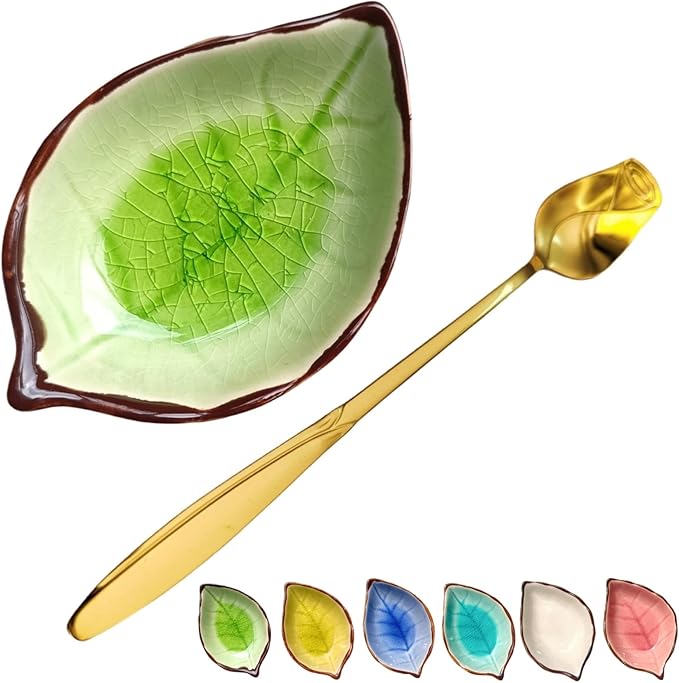 Coffee Spoon and Rest for Coffee Bar Accessories, Ice Cracks Leaf Small Spoon Rest for Coffee Station, Tea Spoon Rest Tea Spoon Holder Teaspoon Rest, 1 PC (Ice Cracks Grass green with Gold Rose Spoon)