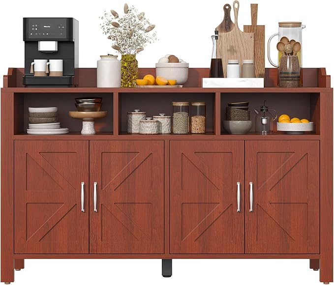 Buffet Cabinet with Storage Farmhouse with 4 Doors and 3 Open Compartments, 55'' Large Kitchen Storage Cabinet Cherry Wood Coffee Bar Buffet Sideboard for Kitchen, Dining Room, Living Room
