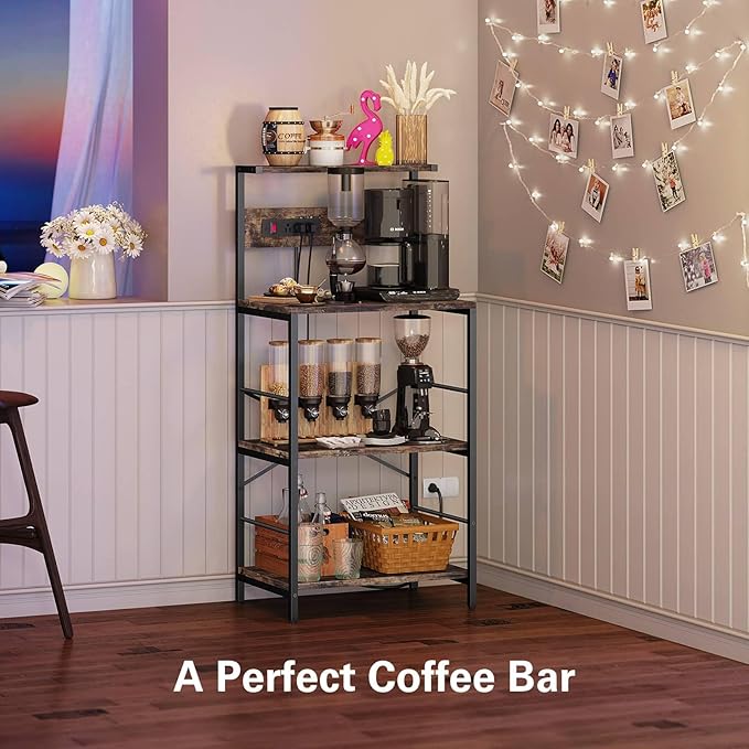 Bakers Rack with 3 Power Outlets, 4-Tier Microwave Stand with Storage, Freestanding Kitchen Shelf Stand 23.6”L x 15.7”W x 51.2”L, Rustic Brown Coffee Bar Table