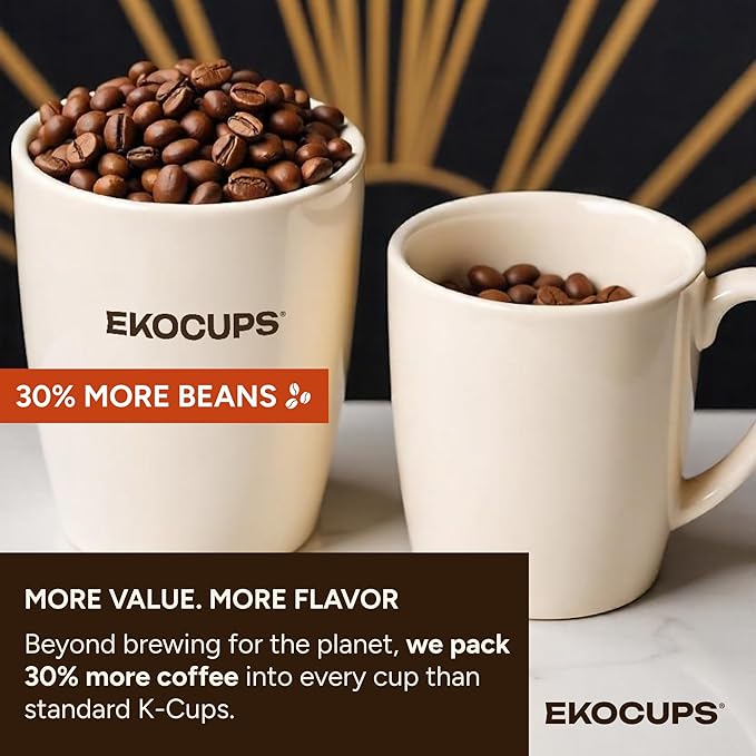 EKOCUPS Organic Espresso Roast Coffee Pods, Extra 30% More Coffee Per Cup, Artisan Fair Trade Dark Roast, Espresso Coffee for Keurig K Cup Machines, Recyclable Pods, 40 Count
