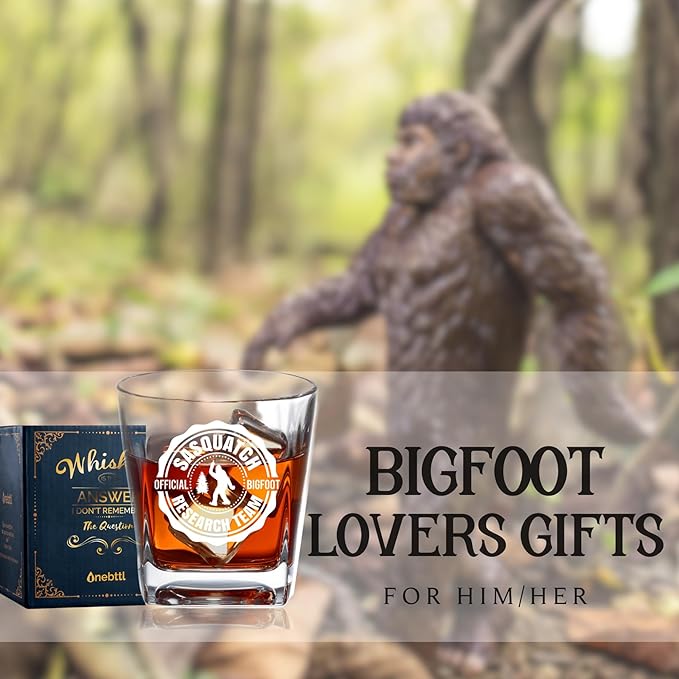 Onebttl Bigfoot Gifts for Men, Sasquatch Gifts, 8.5 oz Whiskey Glass for Lovers - Official Research Team