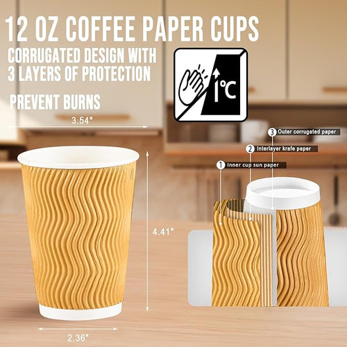 100 Pack 12 oz Disposable Paper Coffee Cups, Leak Proof Insulated Ripple Wall Hot Cups for Espresso, Coffee, Tea, Hot Chocolate, To Go Drinks (Home, Office, Cafe Bar)