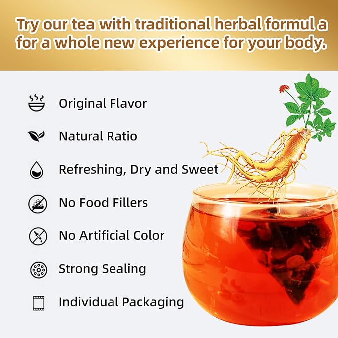 Ginseng Five Treasures Tea - 6 Precious Herbs Kidney Cleanse & Detox Tea, Traditional Chinese Organic Herbal Blend with Ginseng, Goji, Red Date for Men & Women (30 Bags)