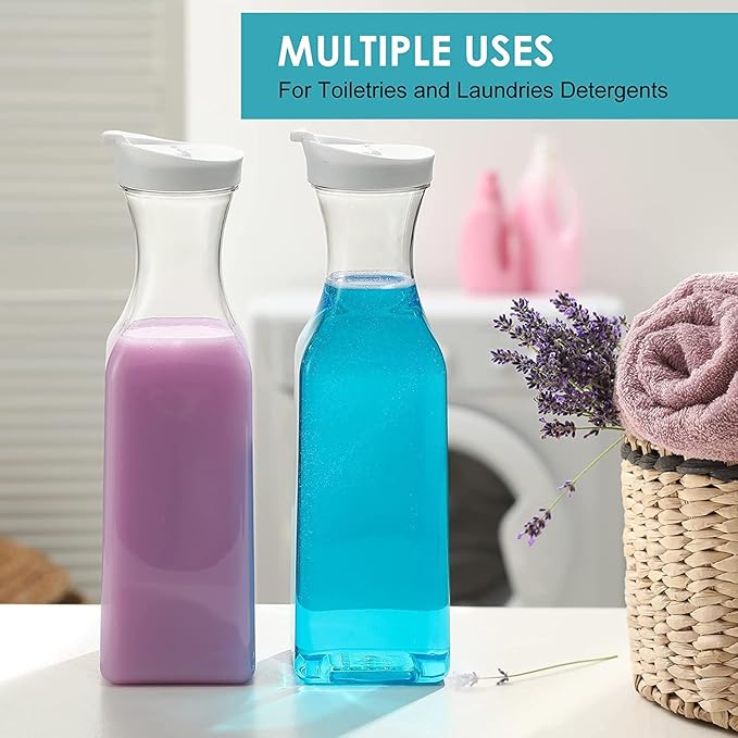 Plastic 4 Pack Large 50 Oz Water Carafe with Flip Top Lid, Square Base Juice Containers, Clear Plastic Pitcher - for Water, Iced Tea, Juice, Lemonade, Milk, Cold Brew and Mimosa Bar - HAND WASH ONLY