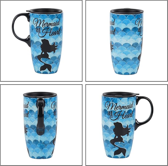 DUSVALLY Ceramic Coffee Mug Travel Cup Gift with Lid 17oz, Tea Cup with Handle for Latte, Cappuccino and Cocoa, Home and Office Porcelain Coffee Cups, Mermaid at Heart