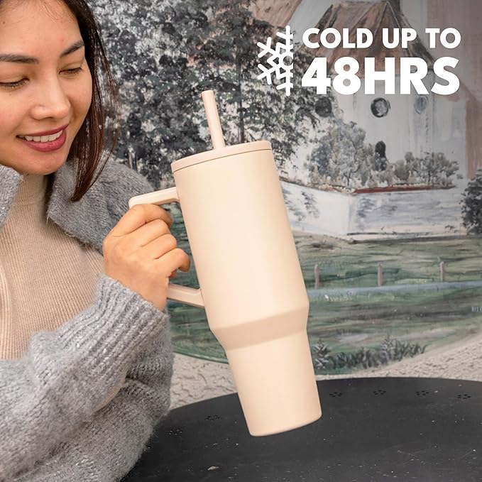 Elemental 40 oz Tumbler with Handle and Straw - Spill Proof Insulated Stainless Steel Commuter for Hot and Cold Beverages - Travel Coffee Mug with 2 Straws & Spill Proof Lid - 40oz - Beige