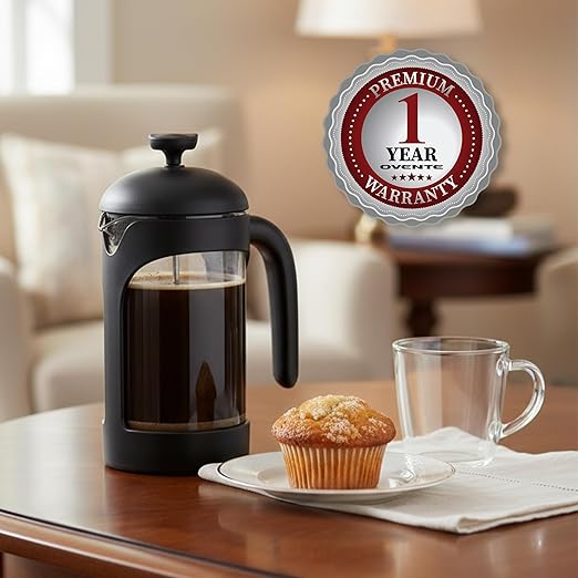 OVENTE French Press Coffee Maker 20 Ounce with Heat Resistant Borosilicate Glass & Stainless Steel 4-Level Filtration System, Portable Cold Brew Coffee Maker for Travel, Camping or Gift, Black FPB20B