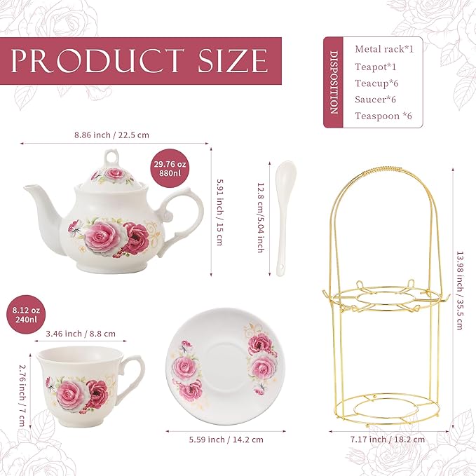 20-Pieces Porcelain Tea Sets For Women, Tea Set For Adult with Golden Metal Rack,Tea Gift Sets for Home&Party(014)