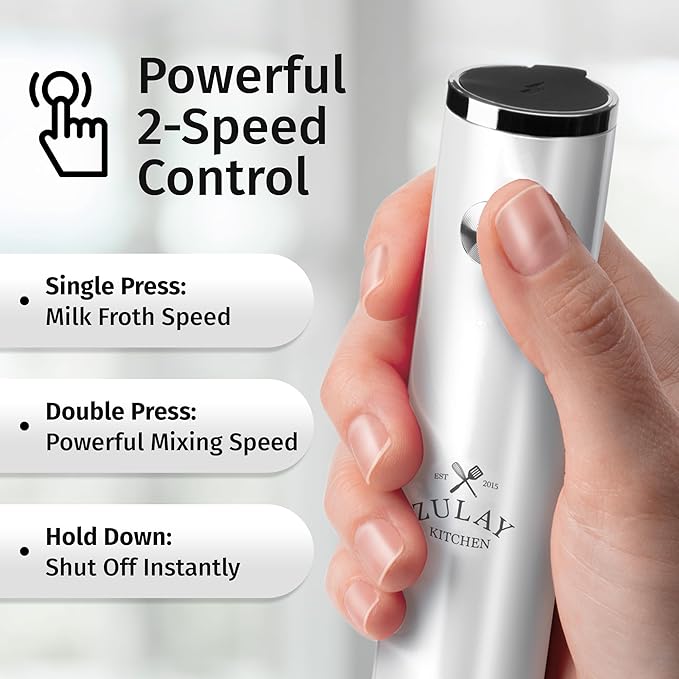 Zulay Kitchen Lux Electric Milk Frother Rechargeable Handheld - Powerful 2-Speed Motor, Waterproof, 2000mAh Battery - Drink Mixer for Latte, Cappuccino, Matcha & Protein Powder - Snow White