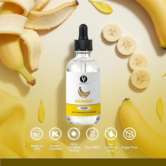 Dolce Flav Banana Extract – 2 Ounce Oil-Soluble Kosher, Sugar-Free, Concentrated Ripe Banana Flavoring for Baking, Smoothies & Ice Cream, Includes Measured Dropper