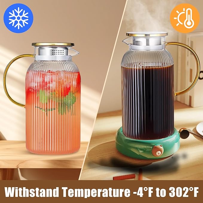 Glass Pitcher with Lid, 2Pcs Elegant Heat Resistant Cold 2 Lite Brew Pitchers for Fridge Hot Cold Water Coffee Milk Lemonade Beverage，Vertical StripesLemonade Beverage
