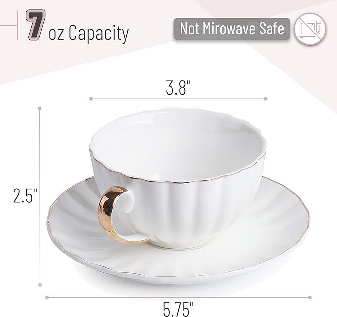 BTaT- White Tea Cups and Saucers Set of 12 (7 oz), Porcelain White Tea Cup Set of 12 with Golden Trim Design, Dishwasher Safe, Christmas Gifts