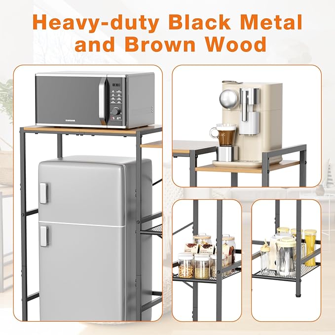 Mini Fridge Stand with Storage Shelves, Upgraded 3-Tier Mini Fridge Cabinet Stand Baker Rack for Microwave Coffee Maker Sturdy Metal Wood Desk Fits Dorm,Kitchen, Apartment, 33.4Wx15.7Dx37.2H, Brown